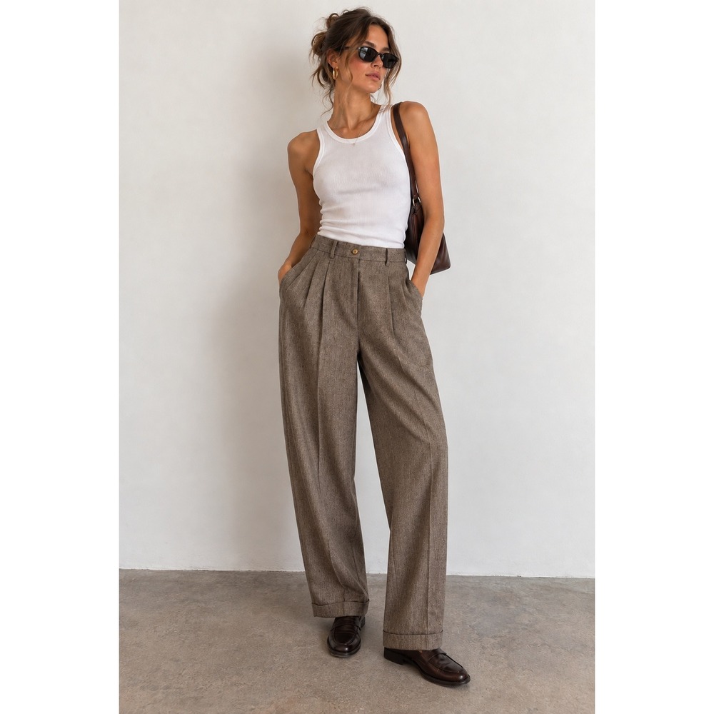 Vintage 90s Wool Pleated High Rise Trouser Pants Womens 2 Brown Cuffed Academia